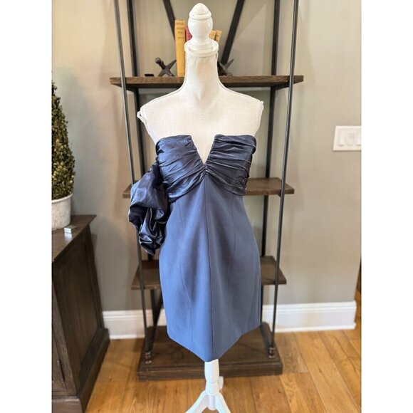 CINQ À SEPT Teo Ruched Satin Sheath Mini Dress Blue Womens Size 14 - Picture 6 of 12